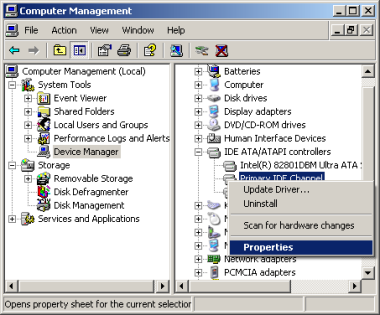 Click Device Manager, IDE ATA/ATAPI controllers, right click Primary IDE channel and choose Properties